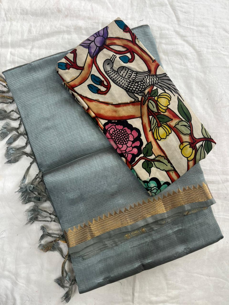 Peach Handloom Mangalagiri Pattu  with a Pen Kalamkari Blouse  Cotton Saree